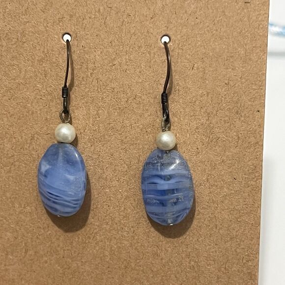 Sky Blue Stone Dangle Hook Earrings With Pearl Bead - Picture 1 of 3
